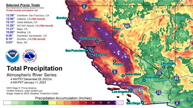 map shows very heavy precipitation over most of California