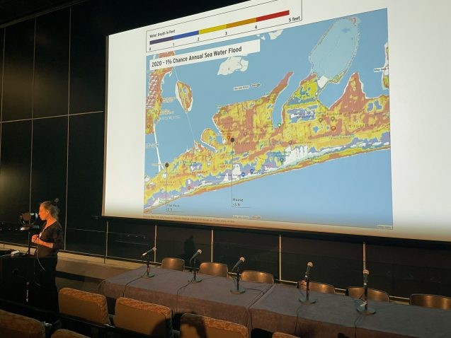 woman stands in front of a powerpoint slide with map