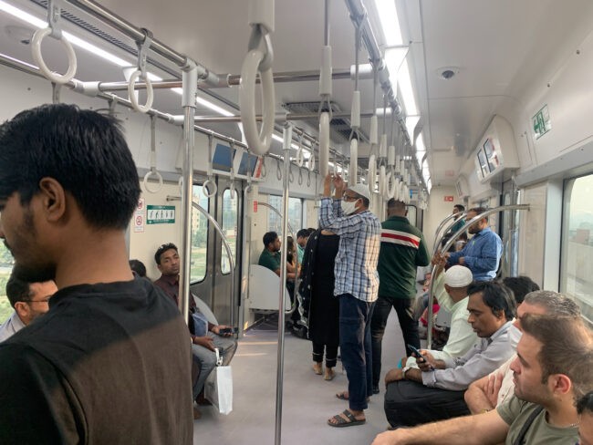 Inside one of the clean new cars on the Dhaka Metro