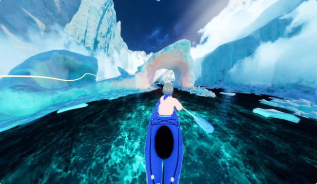 Stillshot of a girl kayaking around a glacier in the VR film ‘Once A Glacier’