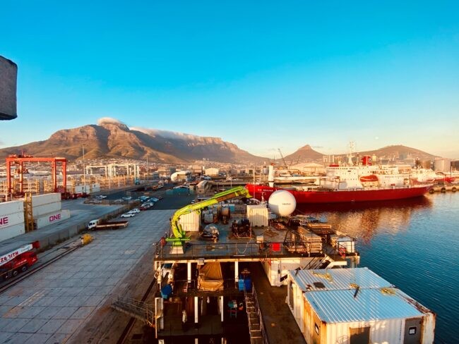 R/V Marcus G. Langseth waking up to Table Mountain, South Africa (Cody Bahlau, LDEO)