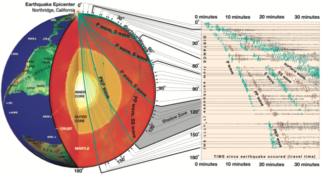 Cutaway diagram of the Earth showing the paths that seismic waves travel through the crust, mantle, and outer and inner core.