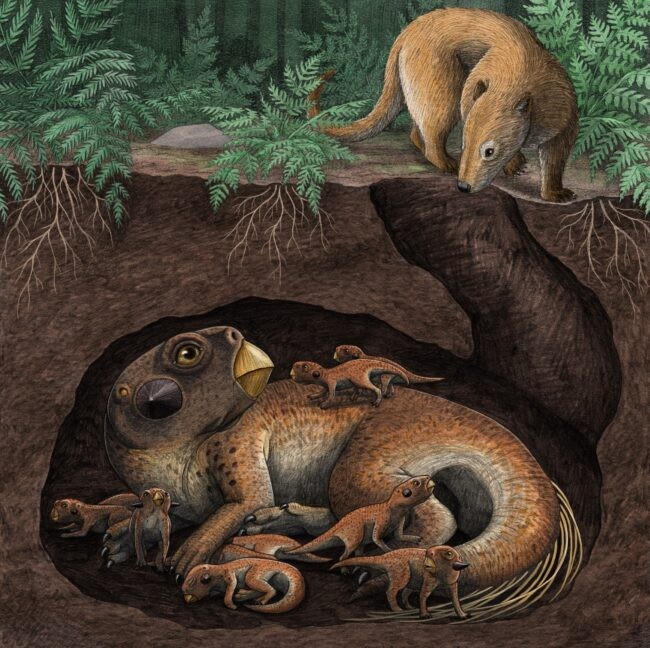 dinosaur with babies in a burrow with a mammal at surface