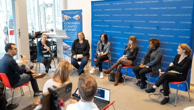 Foundations panelists, from left to right: Ruth DeFries; Vicki Ferrini; Mingfang Ting; Kara Lamb; Sheila Foster; Lisa Sachs