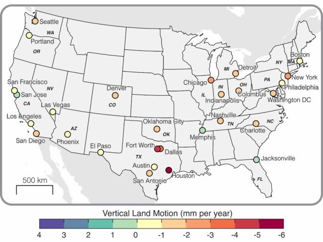A map of the sinking US cities