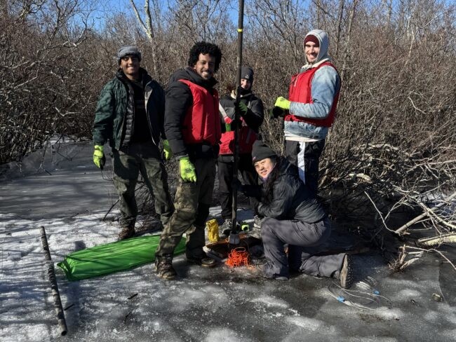 Coring expedition in Budd Lake, NJ, February 1, 2025. Credit: Dorothy Peteet, Lamont-Doherty Earth Observatory