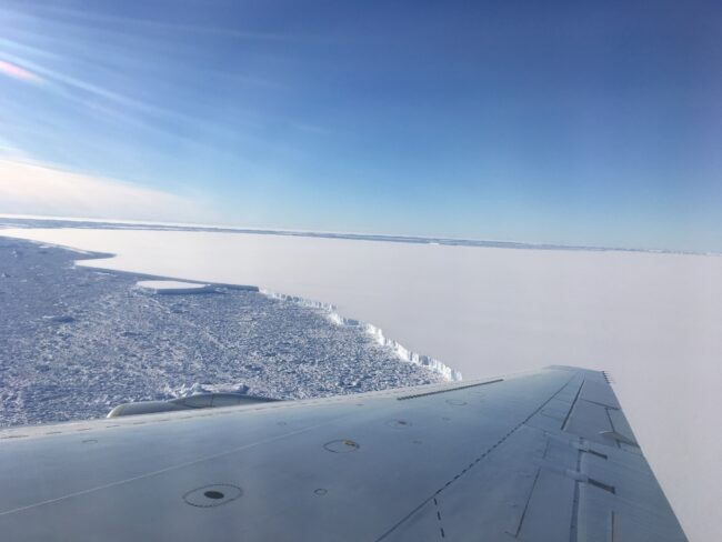 Flying over the A-68 iceberg that broke off the Larsen C Ice Shelf in July 2017 during a 2018 NASA Operation IceBridge campaign. Credit: Caitlin Locke, Lamont-Doherty Earth Observatory