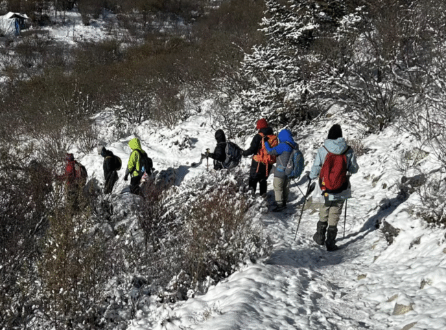 Women in jackets and bakpacks descend a snowy hike.
