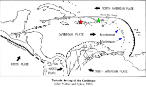Tectonic plates and fault zones of the Caribbean. Port-au-Prince is the red star. (After P. Molnar/ L.R. Sykes, “Tectonics of the Caribbean,” 1969) CLICK TO ENLARGE