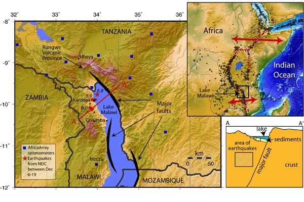 Twelve moderate earthquakes (red stars) shook Lake Malawi in December 2009, far from regional seismic stations (blue squares). Lake Malawi is located on the East Africa Rift (inset), which is splitting apart (red arrows), causing earthquakes (black d