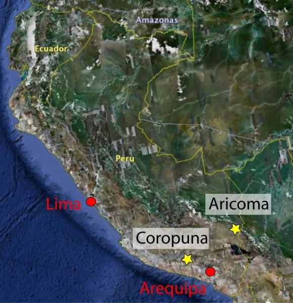 A map of Peru showing the locations of our two Andea field sites. Laguna Aricoma is located in the wet eastern Andes whereas Coropuna is in the arid western Andes. 580x600.jpg