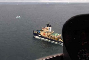 A helicopter view of the Oden heading home