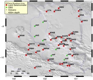 Map shows locations of seismometers deployed to study movements of the earth around eastern Papua New Guinea.