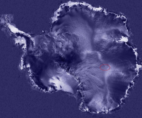 A satellite photo of Antarctica showing (red oval) the location of Lake Vostok. Photo: NASA-GISS