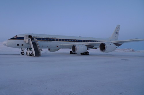 The DC 8 being prepared for a sea ice flight. 
