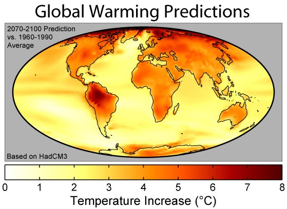 Predicted global warming at the end of the 21st century, according to the Hadley Centre HadCM3 climate model, and assuming “business as usual” – predicted “normal” economic growth, with no significant steps to reduce greenhouse gas emissions.