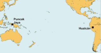 The map shows the locations of Puncak Jaya (4884m asl), Papua-Indonesia and Nevado Hualcán (6100m), Cordillera Blanca, Peru.