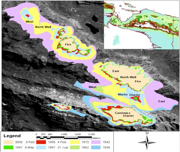 Shrinkage of Puncak Jaya ice 1936-2000 (Courtesy M.L. Prentice and G.S Hope)
