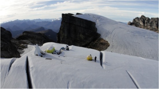 The site before weather moves in; note the crevasses