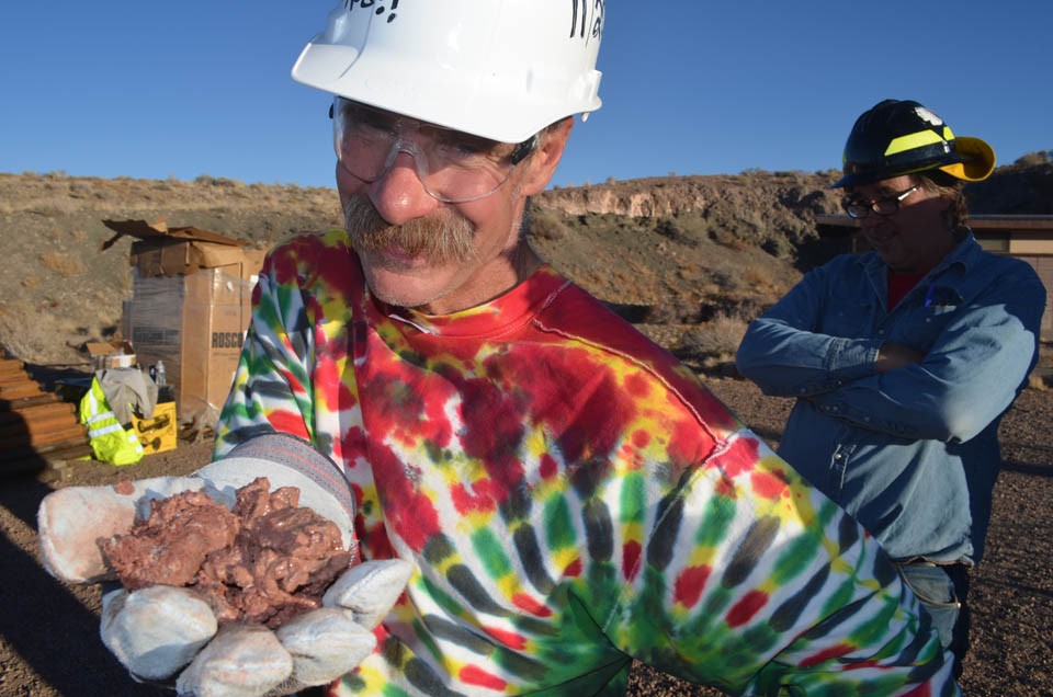 With a delight that perhaps only a geologist can evince for a handful of mud, Geissman presents debris from the borehole. The bright colors in the rocks come from chemical reactions involving iron and other elements. (The tie-dyed colors in Geissman' 16