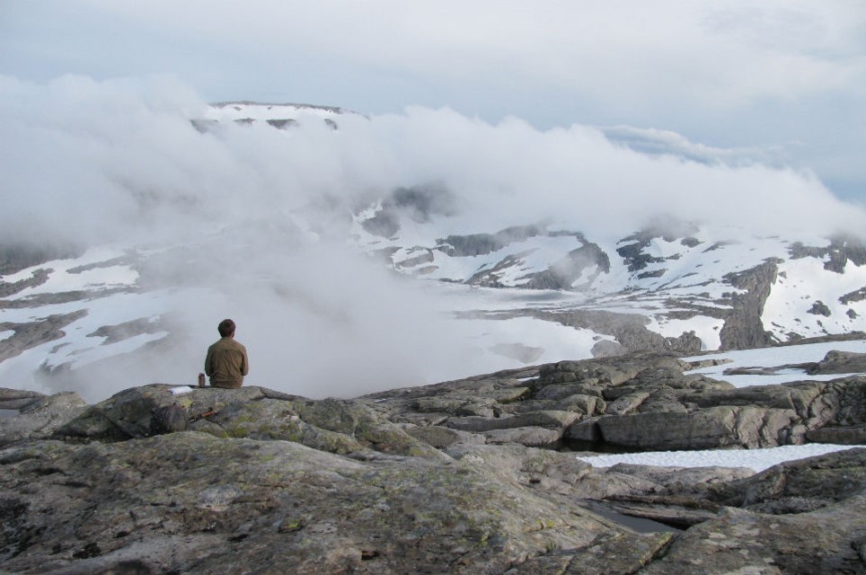 The rocks look orderly from a distance but getting around them can be tricky. After climbing past Gjegnalundsbreen glacier, Templeton caught his breath and then spent the next several hours wandering in the clouds, looking for a mountaintop cabin to Norway 11