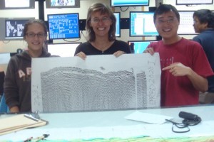 New images from a 2008 research expedition to a chain of submarine volcanoes in the Pacific Ocean show evidence for a deep, multi-tiered magma chamber. Pictured left to right are study coauthors Milena Marjanovic and Suzanne Carbotte and their colleague Min Xu. (courtesy of Milena Marjanovic)