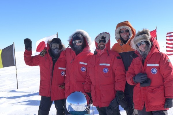 IcePod team at South Pole (left to right) Scott Brown, Chris Bertinato, Tej Dhakal, unidentified, Winnie Chu (photo by R. Bell)