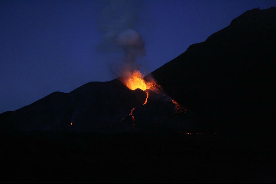 On Nov. 23, a half-mile long gash opened on Fogoâs southeastern flank, near where Fogo last erupted in 1995. After several days of intense activity, a new cone grew up as seen here. fogo at night 960