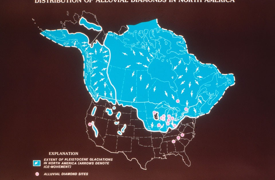 In the 20th century, scientists speculated that some diamonds of unknown origin had been carried from deposits in the far north by the great ice sheet that covered much of North America until about 15,000 years ago. The ice is outlined here in blue; 11