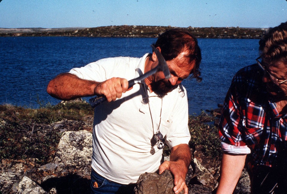Canadian geologist Charles Fipke is usually credited as the driving force behind the far northern discoveries. Here, he pounds open a chunk of diamond ore found lying on the tundraâs surface. Right, Walter Nassichuk of the Geological Survey of C 14