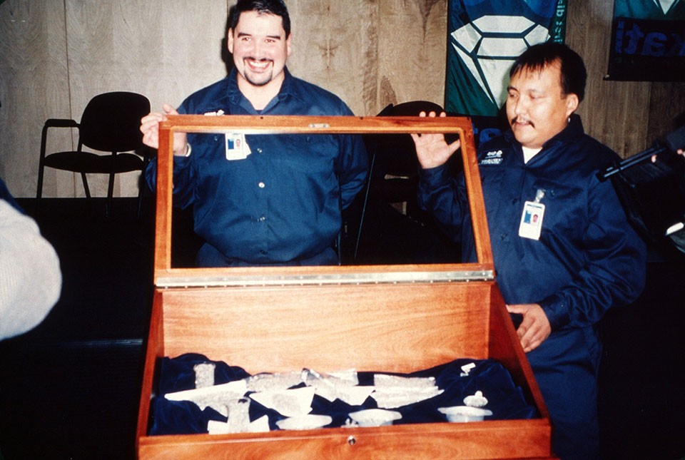 Opening day, Ekati Diamond Mine, 1998. The gems in the case represent one dayâs production, about a coffee canâs worth. Canada now supplies about 15 percent of the world gem market. (Kevin Krajick) 16