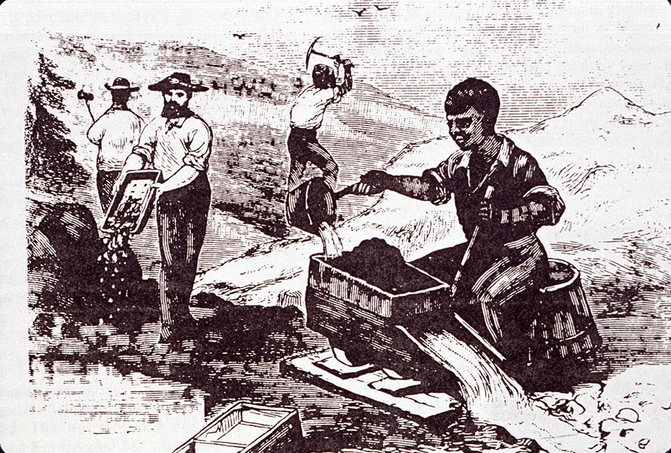 Eventually, a few real diamonds turned up. The earliest known were in the 1840s, when prospectors (here in a contemporary woodcut) in Georgia and neighboring states were sifting streambeds for gold flakes. (From âMinerals of Georgia,â Georg 5
