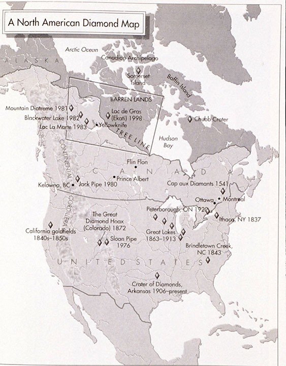 Soon, more accidental diamonds turned up across the United States, and later in southern Canada. Almost all were solitary finds, not commercial deposits. Far northern mines did not open until 1998. (From K. Krajick, âBarren Landsâ) 6