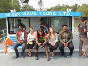 Rabi, Diana, Khris, Joelle, Dan and Alamgir watching the landscape as we sail through the Sundarbans