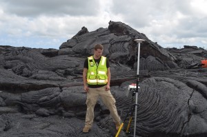 Lava creates its own topography, but exactly what factors are at work are not well understood. Graduate student Nathan Stephenson at the nearby University of Hawaii, Hilo, helps map a recent flow using GPS.