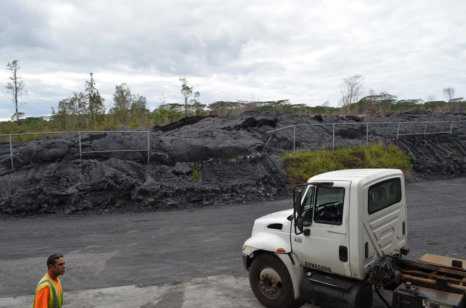 The side of the lava stream lapped against a berm surrounding the town transfer station and burst through the fence. Garbage collection was halted for a while, but the lava ran out of energy and stopped just short of the recyclables containers. Colle 10
