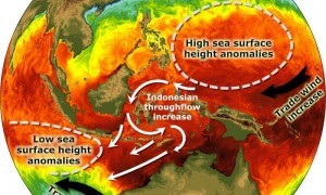 Increases in westward-blowing winds over the Pacific Ocean are thought to be pushing great masses of water--and heat--through the Indonesian straits, into the Indian Ocean.