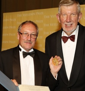 Michael Purdy, right, Columbia University executive vice president for research, presented Stephen Sparks with the Vetlesen Prize -- a gold medal and a check for $250,000. Photo: Michael DiVito