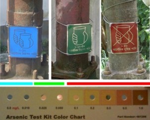 Labels help villagers identify wells with safe water. The World Health Organization standard is no more than 10 parts per billion of arsenic (blue); the Bangladesh standard is currently 50 ppb (green).