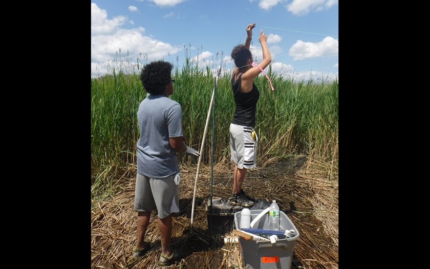 Science + math: The teams set up a 30-square-meter area using posts and the Pythagorean Theorem to plot-out a rectangle. Brian Delgado and Stephanie Valentin work on a corner. SSRFP 2015 Fieldwork