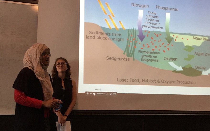Aziza Rahman and her teammates discuss their tests and analyses of the flow of nutrients into and out of the marsh. They were mentored by Lamont marine biologist Ray Sombrotto. SSRFP 2015 Presentations