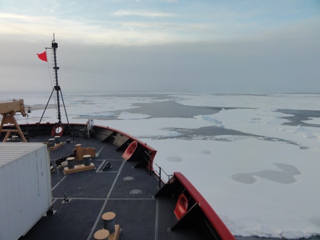 Looking out over the Arctic sea ice as the ship moves out over the deeper ocean. (Photo credit Tim Kenna)