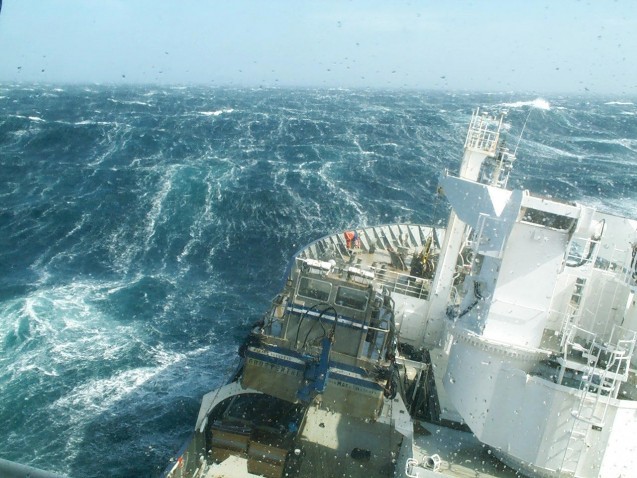 A research vessel plows through the Southern Ocean, whose rough waters play an outsize role in absorbing carbon dioxide from the air. (Nicolas Metzl, LOCEAN/IPSL Laboratory)