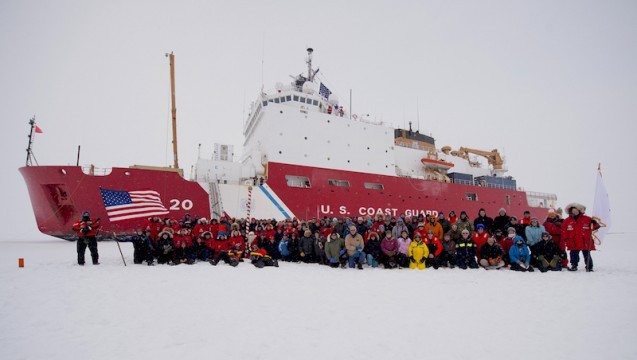 Gathered at the North Pole are the crew of U.S. Coast Guard Cutter Healy and the GEOTRACES science team.  On Sept. 5th at 7:47 AM the ship reached the North Pole, becoming the 1st U.S. surface vessel to do so unaccompanied. (photo U.S. COAST GUARD) 