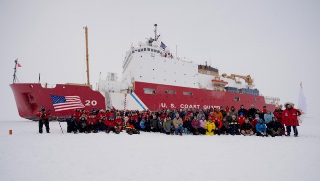 Gathered at the North Pole are the crew of U.S. Coast Guard Cutter Healy and the GEOTRACES science team. On Sept. 5th at 7:47 AM the ship reached the North Pole, becoming the 1st U.S. surface vessel to do so unaccompanied. (photo U.S. COAST GUARD)