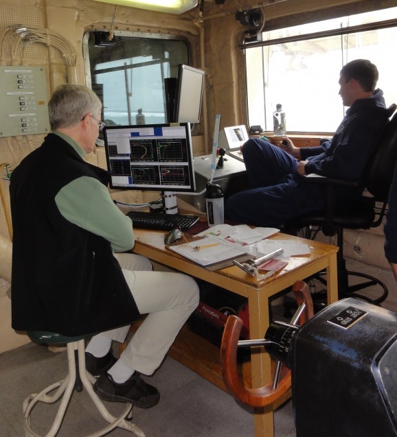 Members of the team who are not out on deck with the equipment 'manage' the cast from the aft control room. (photo T. Kenna)