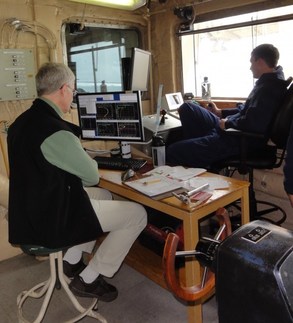 Members of the team who are not out on deck with the equipment 'manage' the cast from the aft control room. (photo T. Kenna) 