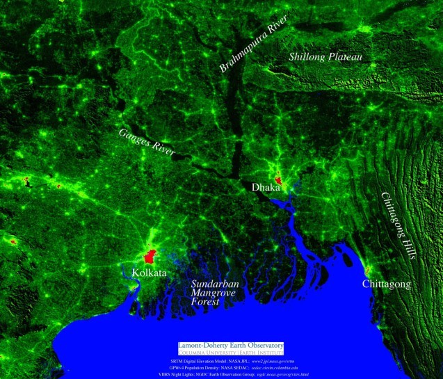 Map fusion combines night light, population density and elevation data to show the contrast between the densely populated Ganges-Brahmaputra delta and mountain areas surrounding it. The urban cores (red) have population densities approaching 100,000 people per square kilometer.