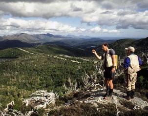 Brendan Buckley and Ed Cook stand on a ridge in Tasmania, where they were able to reconstruct 4,000 years of temperature history and develop an almost complete Holocene link of more than 10,000 years. Photo courtesy of Brendan Buckley
