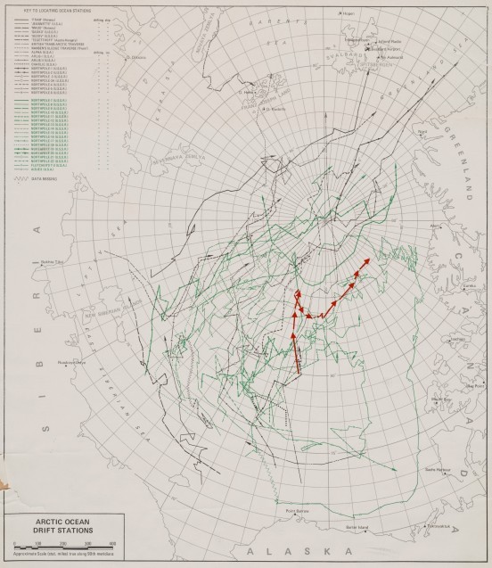 Annotated historic map from the International Geophysical Year (1957-1958) of the Floating Arctic Stations. Red line shows Alpha Station, the US first floating ice research station, representing some of the original 'Arctic drift studies'. (Photo/annotation M. Turrin; map Ken Hunkins) 